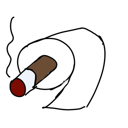Sketch of a toilet paper roll with a big lighted cigarette inside