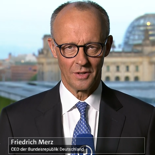 Fernsehausschnitt mit Friedrich Merz, darunter steht: Friedrich Merz, CEO der Bundesrepublik Deutschland