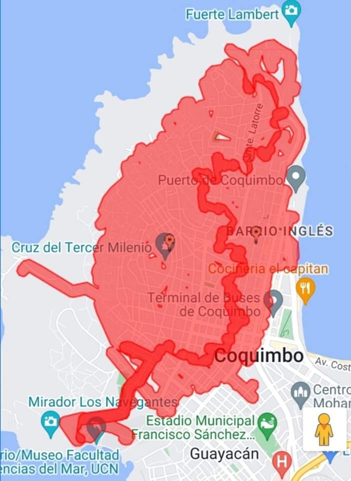 mapa de la comuna de Coquimbo marcado con rojo los lugares donde ee cortó la luz